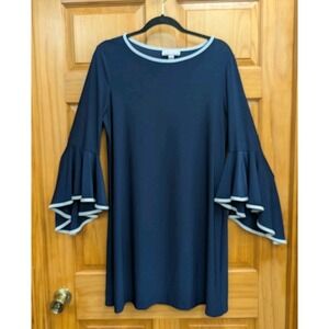 Ivy Road Women's Large Dress Navy Ruffle Long Sleeves Stretch Spandex